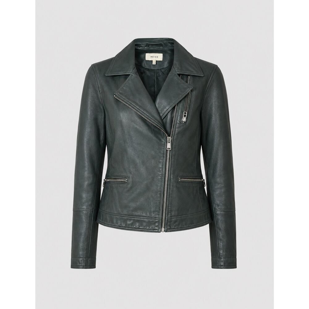 Reiss Green Lamb Leather Moto Biker Jacket Women’s Medium Zip Front